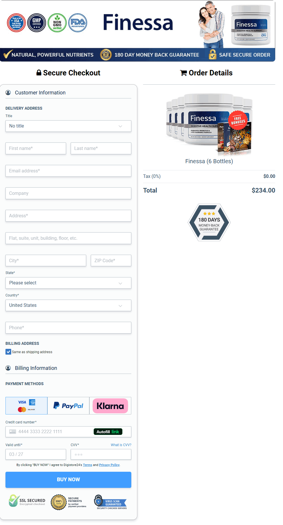 Finessa Checkout page